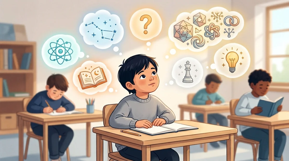 Niño en un aula rodeado de burbujas de pensamiento con iconos complejos (átomo, constelación, libro, figuras geométricas, pieza de ajedrez) representando altas capacidades