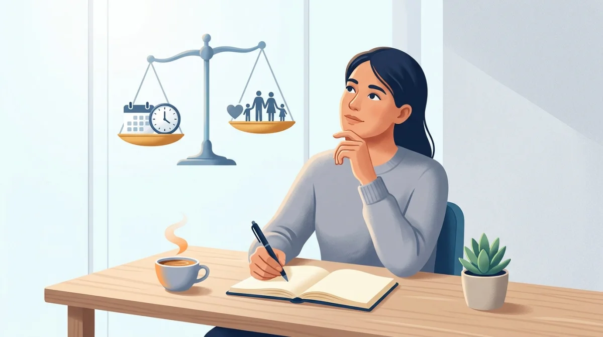 Opositora pensativa ante una balanza simbólica: en un plato calendario y reloj, en el otro corazón y siluetas familiares, representando la decisión de opositar