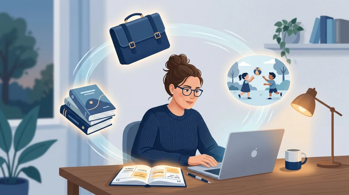 Opositora concentrada frente al portátil con elementos flotantes a su alrededor: maletín de trabajo, libros de temario y escena de hijos jugando, representando la conciliación