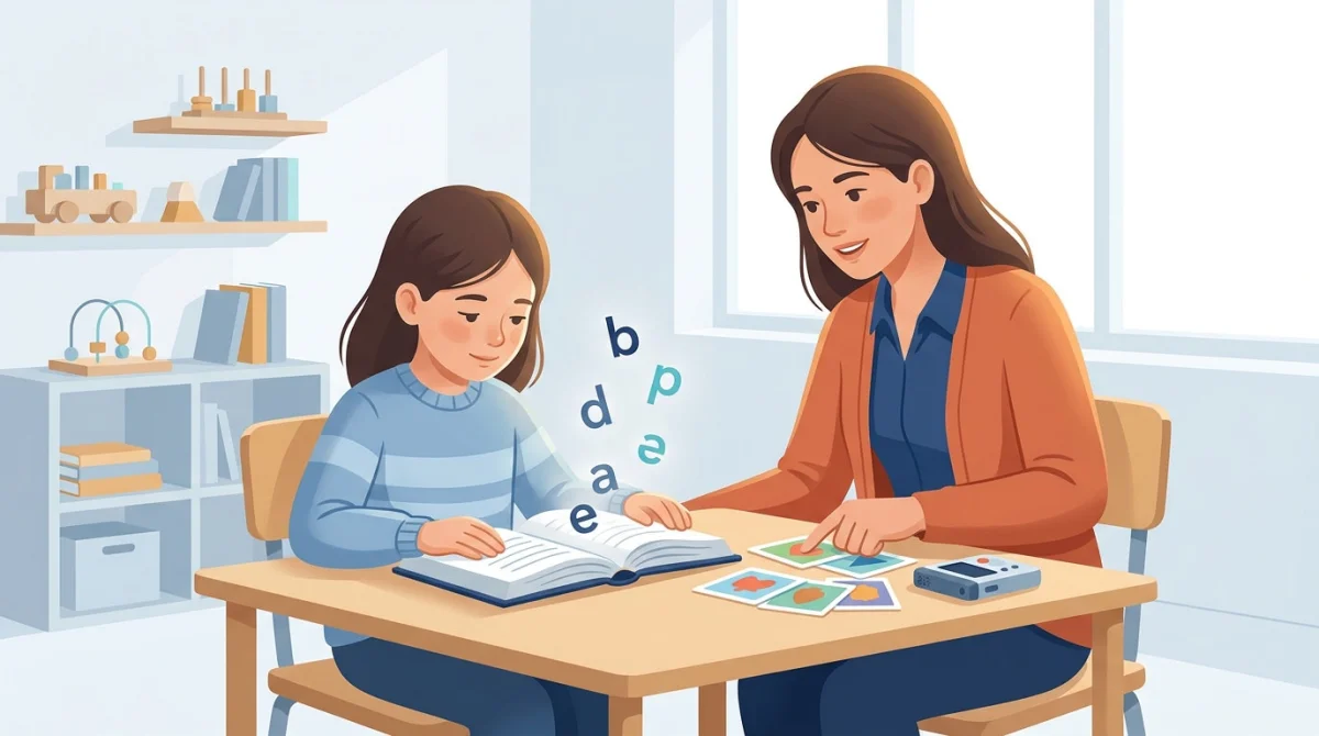 Niña leyendo un libro junto a una especialista de Audición y Lenguaje con letras flotantes (b, d, p, a, e) representando las inversiones típicas de la dislexia