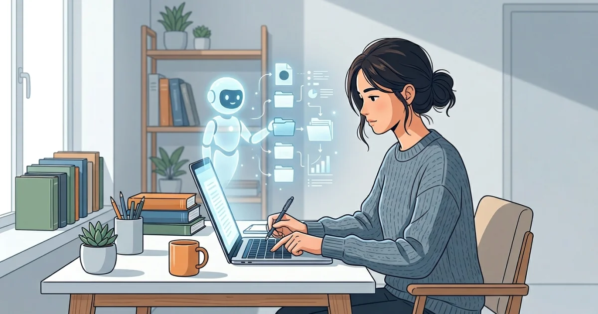 Opositora trabajando en su portátil mientras un asistente de IA organiza documentos y materiales de estudio