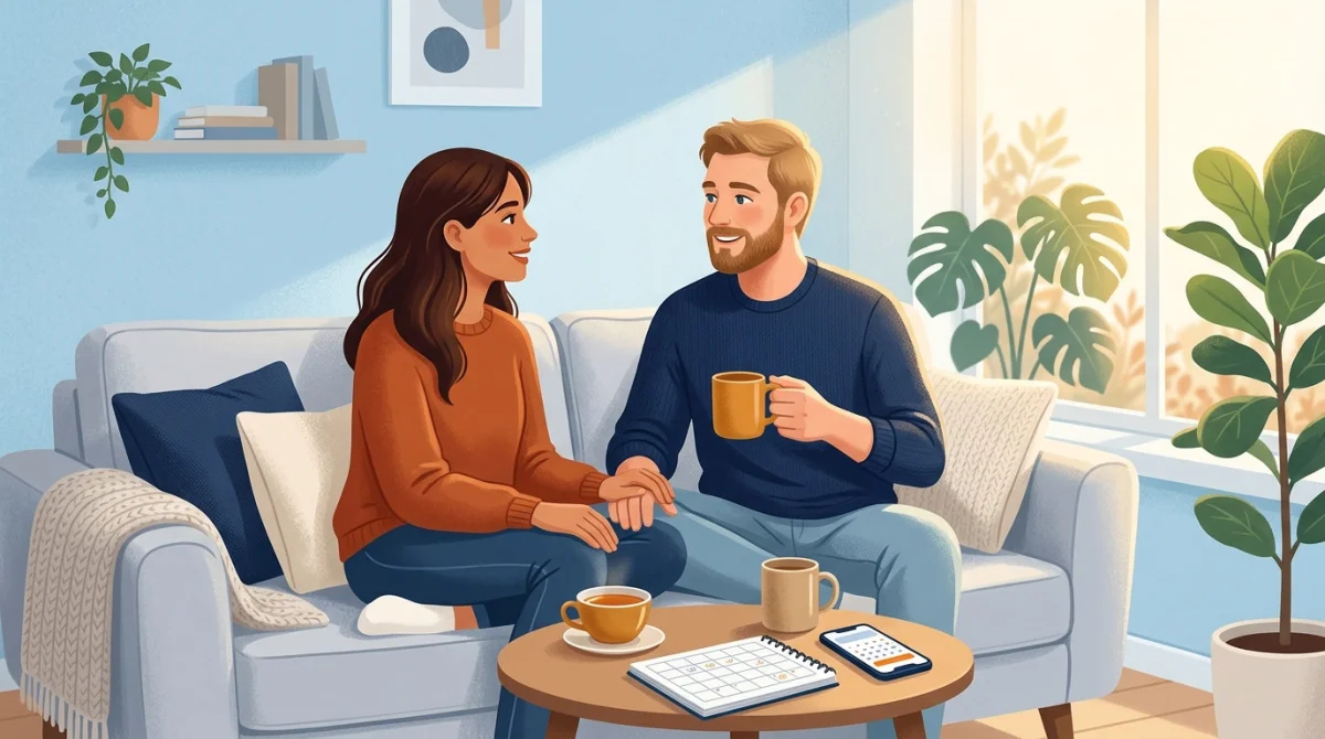 Pareja conversando con calma en un sofá compartiendo un café, con libreta de planificación y calendario sobre la mesa baja
