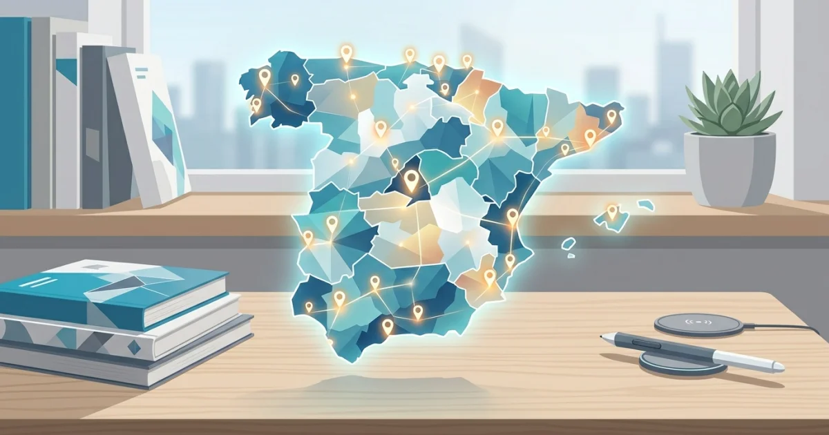 Mapa de España con pines señalando plazas de oposiciones de Maestro Educación Primaria 2026 por CCAA