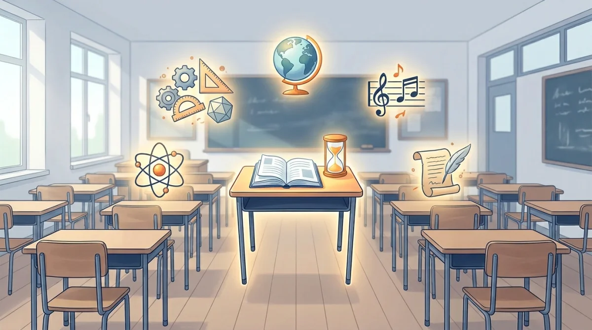 Aula de Secundaria vacía con una mesa elevada que contiene un libro abierto y un reloj de arena, rodeada de iconos flotantes de distintas materias