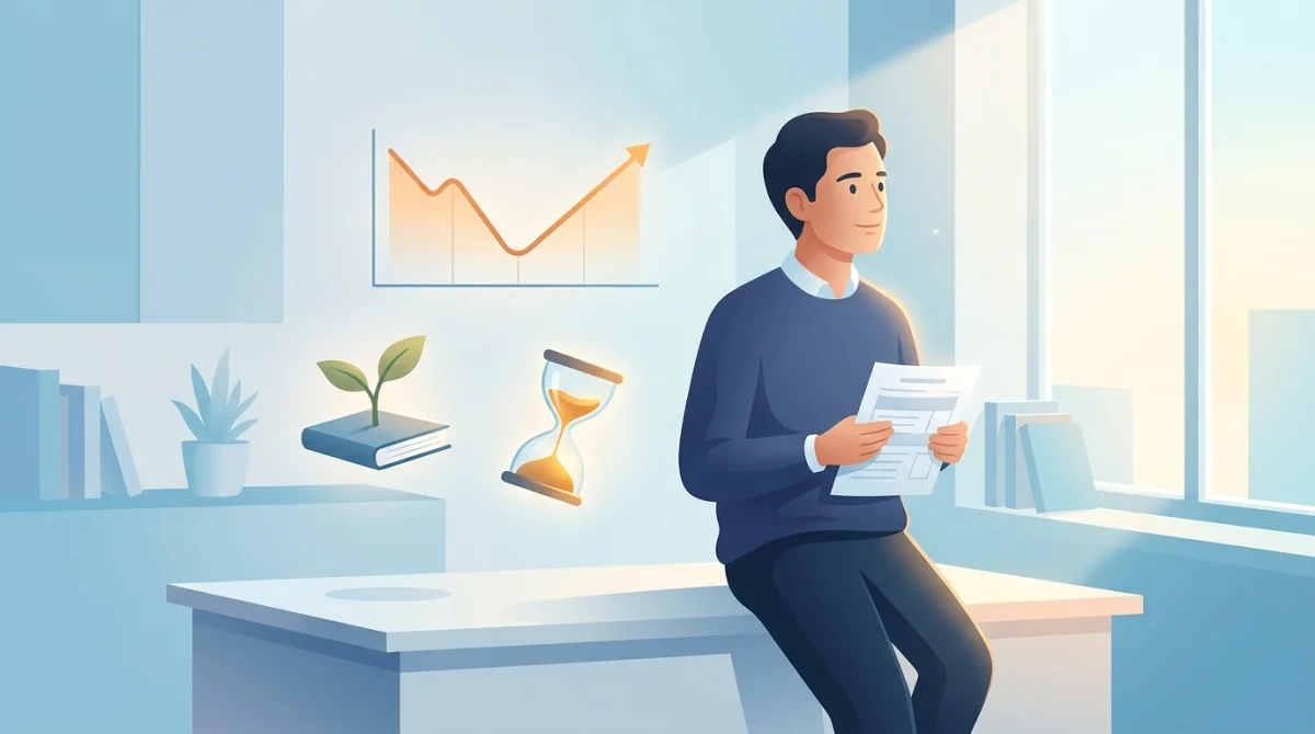 Opositor sentado al borde de un escritorio con una hoja de resultados, gráfico que baja y vuelve a subir, brote creciendo de un libro y reloj de arena, simbolizando recuperación