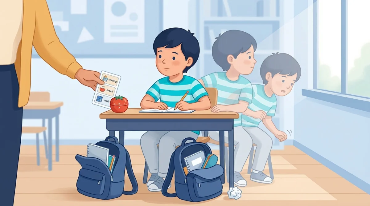 Niño en clase representado con varias versiones superpuestas reflejando la atención dividida del TDAH, mientras un docente le entrega una tarjeta de rutina y un temporizador