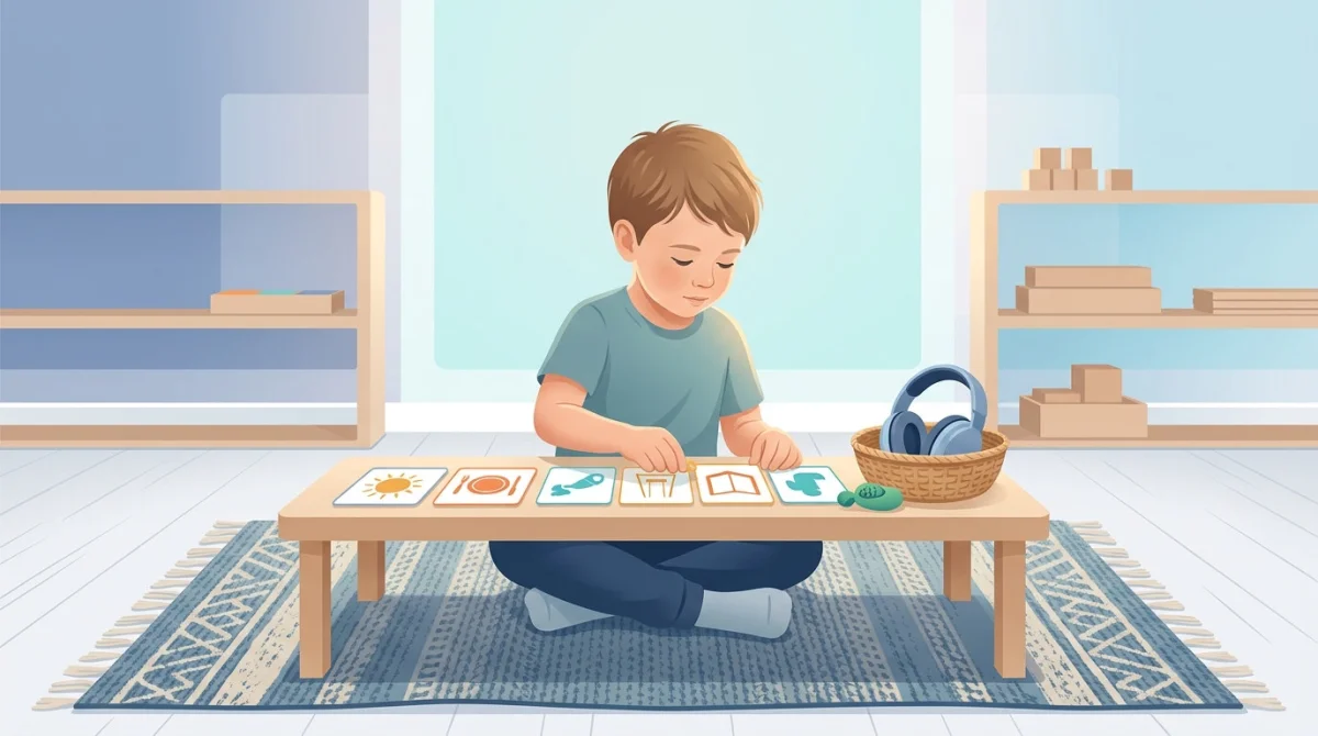 Niño sentado en una alfombra ordenando una secuencia de pictogramas junto a un cesto con auriculares, en un entorno estructurado tipo TEACCH